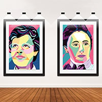 Illustration of famous women in science framed and hung on a wall