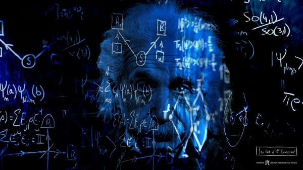 Albert Einstein's face superimposed on a blackboard with equations